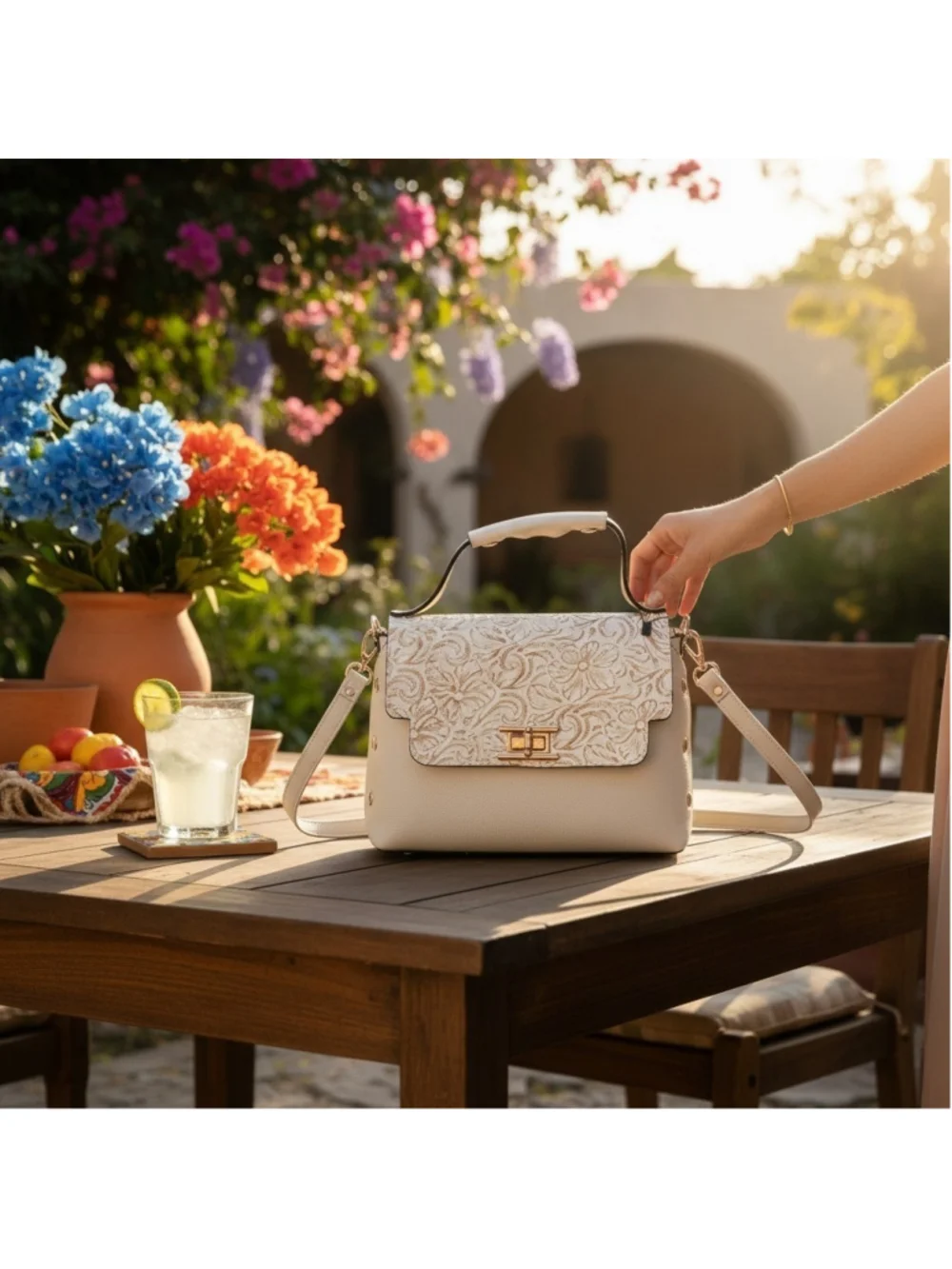 Off White Ivory Floral Studded Embossed Artisan LEATHER Purse Handbag Crossbody